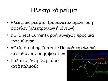 Ηλεκτρικό ρεύμα Ηλεκτρικό ρεύμα: Προσανατολισμένη ροή φορτίων (ηλεκτρονίων ή ιόντων) DC (Direct Current): ροή συνεχώς προς μια κατεύθυνση AC (Alternating.