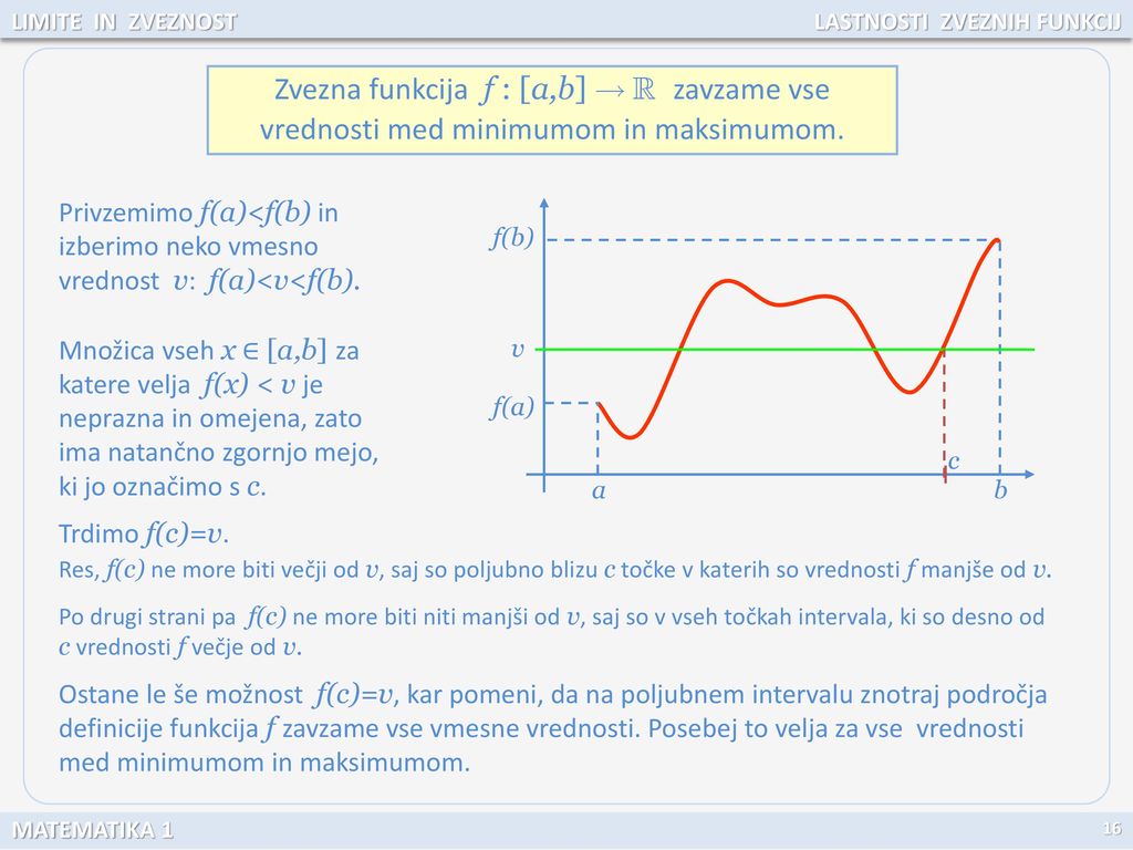 LIMITE IN ZVEZNOST LASTNOSTI ZVEZNIH FUNKCIJ. Zvezna funkcija f : [a,b]   zavzame vse vrednosti med minimumom in maksimumom.