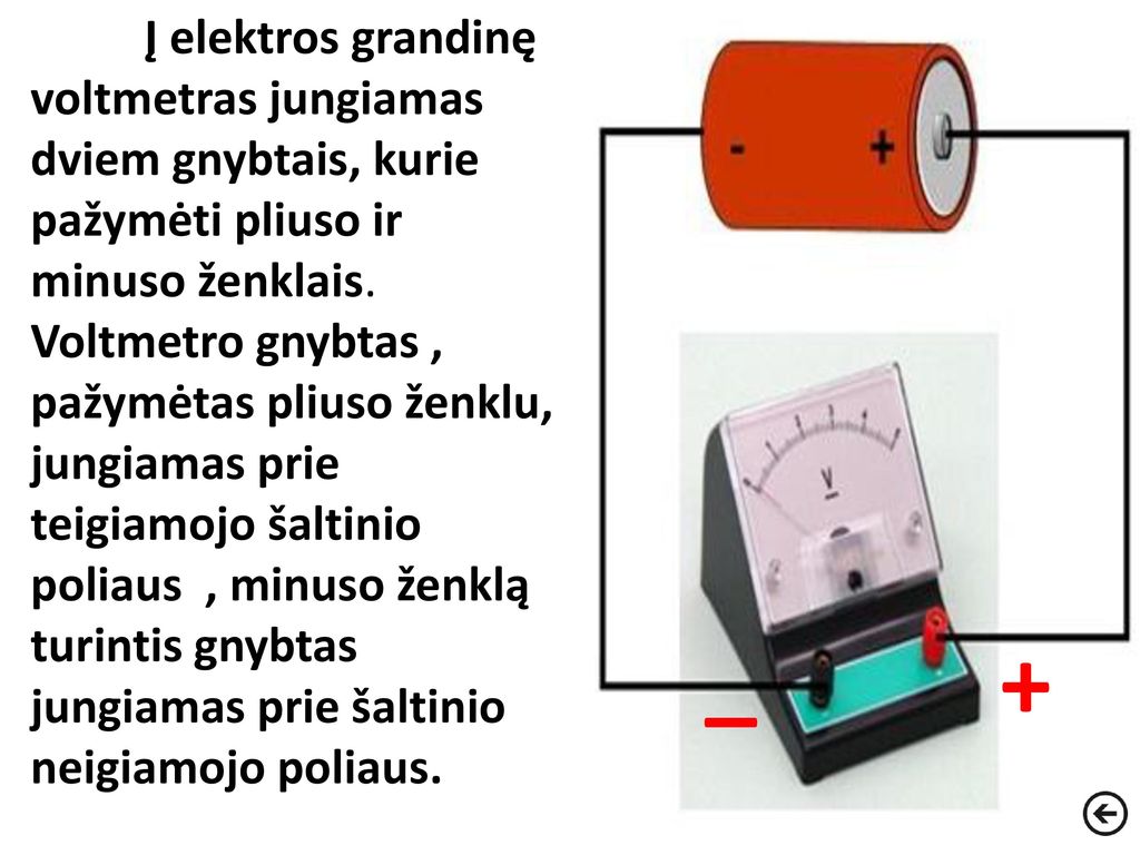 Į elektros grandinę voltmetras jungiamas dviem gnybtais, kurie pažymėti pliuso ir minuso ženklais. Voltmetro gnybtas , pažymėtas pliuso ženklu, jungiamas prie teigiamojo šaltinio poliaus , minuso ženklą turintis gnybtas jungiamas prie šaltinio neigiamojo poliaus.