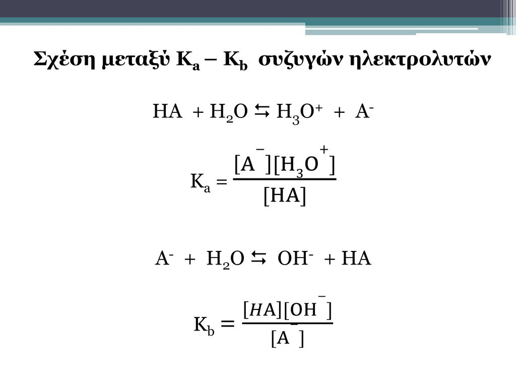 Σχέση μεταξύ Κa – Kb συζυγών ηλεκτρολυτών ΗΑ + Η2Ο  Η3Ο+ + Α- Ka = A− [H3O+] [HA] A- + H2O  OH- + HA Kb = 𝐻A [OH−] [A−]