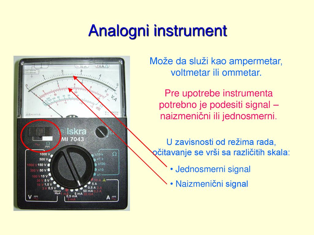 Analogni instrument Može da služi kao ampermetar, voltmetar ili ommetar.
