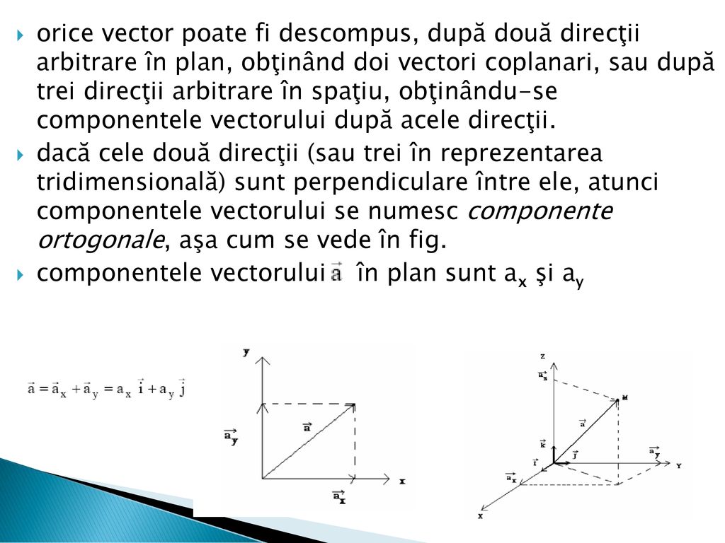 orice vector poate fi descompus, după două direcţii arbitrare în plan, obţinând doi vectori coplanari, sau după trei direcţii arbitrare în spaţiu, obţinându-se componentele vectorului după acele direcţii.