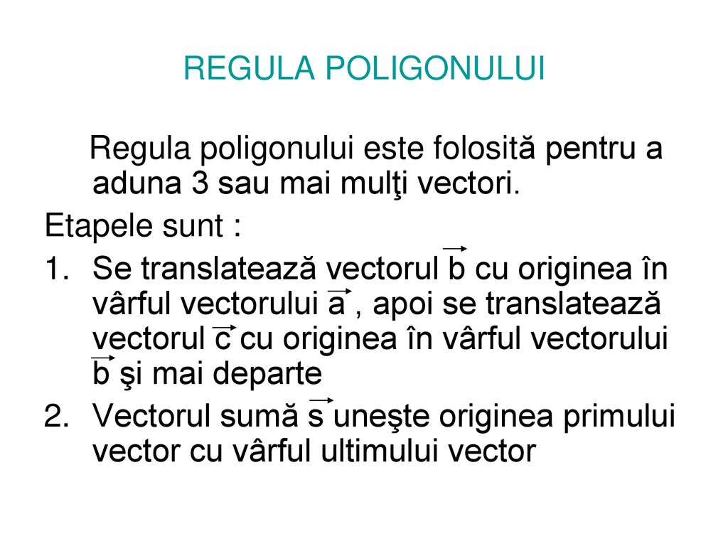 REGULA POLIGONULUI Regula poligonului este folosită pentru a aduna 3 sau mai mulţi vectori. Etapele sunt :