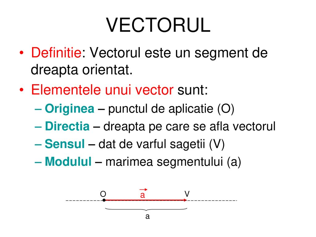 VECTORUL Definitie: Vectorul este un segment de dreapta orientat.