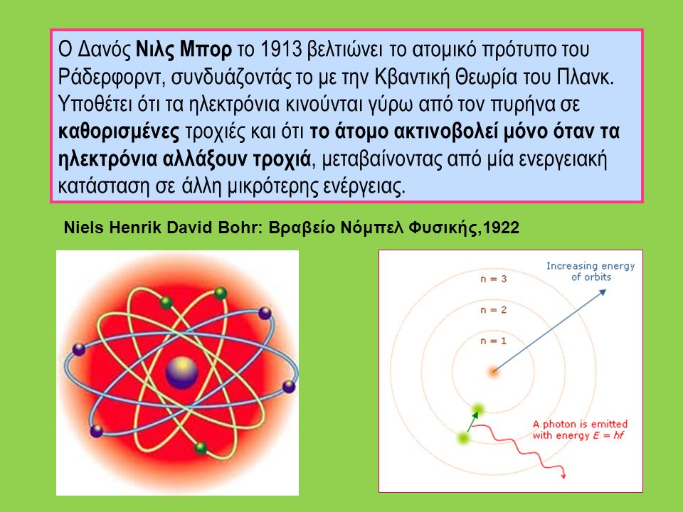 Ο Δανός Νιλς Μπορ το 1913 βελτιώνει το ατομικό πρότυπο του Ράδερφορντ, συνδυάζοντάς το με την Κβαντική Θεωρία του Πλανκ. Υποθέτει ότι τα ηλεκτρόνια κινούνται γύρω από τον πυρήνα σε καθορισμένες τροχιές και ότι το άτομο ακτινοβολεί μόνο όταν τα ηλεκτρόνια αλλάξουν τροχιά, μεταβαίνοντας από μία ενεργειακή κατάσταση σε άλλη μικρότερης ενέργειας.