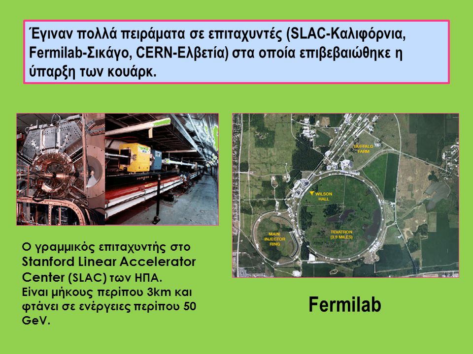 Έγιναν πολλά πειράματα σε επιταχυντές (SLAC-Καλιφόρνια, Fermilab-Σικάγο, CERN-Ελβετία) στα οποία επιβεβαιώθηκε η ύπαρξη των κουάρκ.
