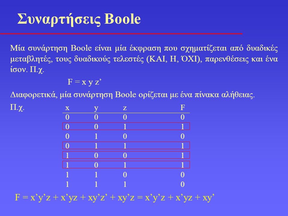 Συναρτήσεις Boole F = x’y’z + x’yz + xy’z’ + xy’z = x’y’z + x’yz + xy’