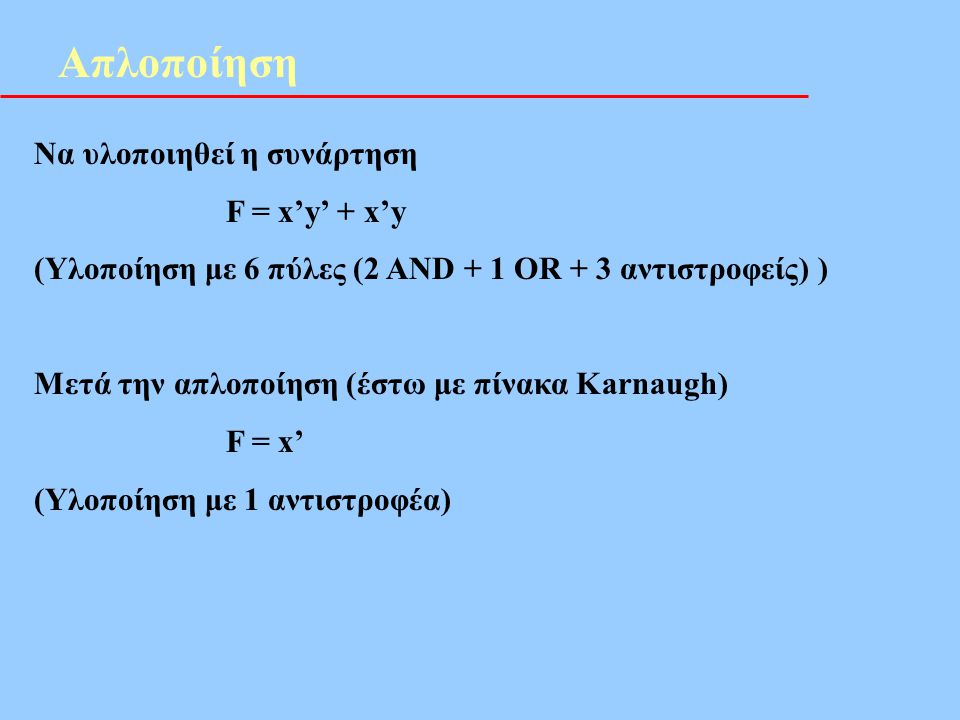 Απλοποίηση Να υλοποιηθεί η συνάρτηση F = x’y’ + x’y
