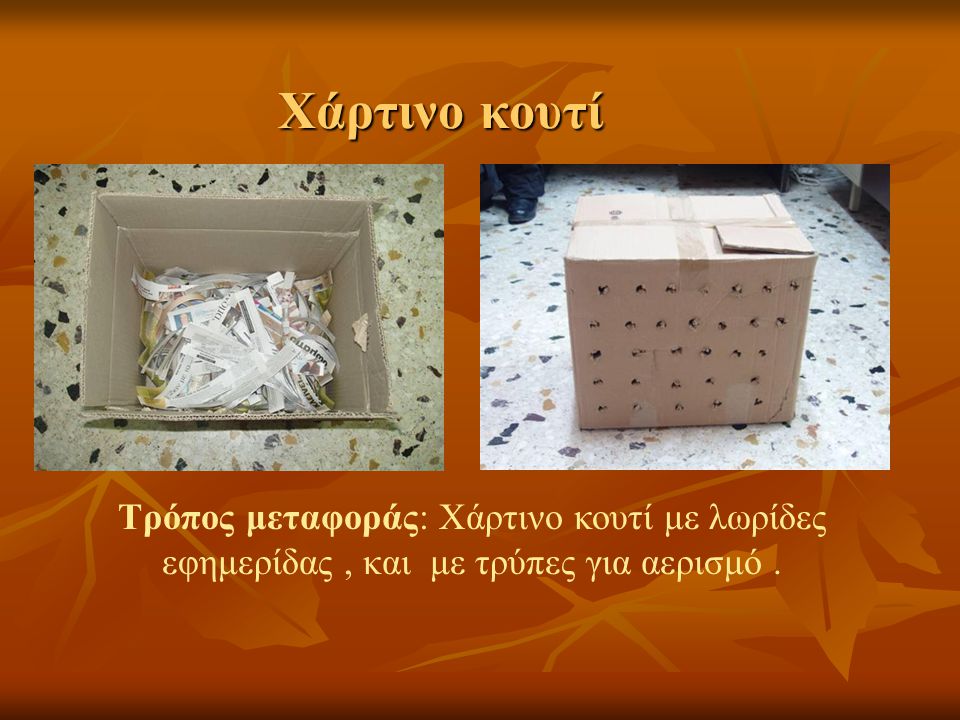 Χάρτινο κουτί Τρόπος μεταφοράς: Χάρτινο κουτί με λωρίδες εφημερίδας , και με τρύπες για αερισμό .