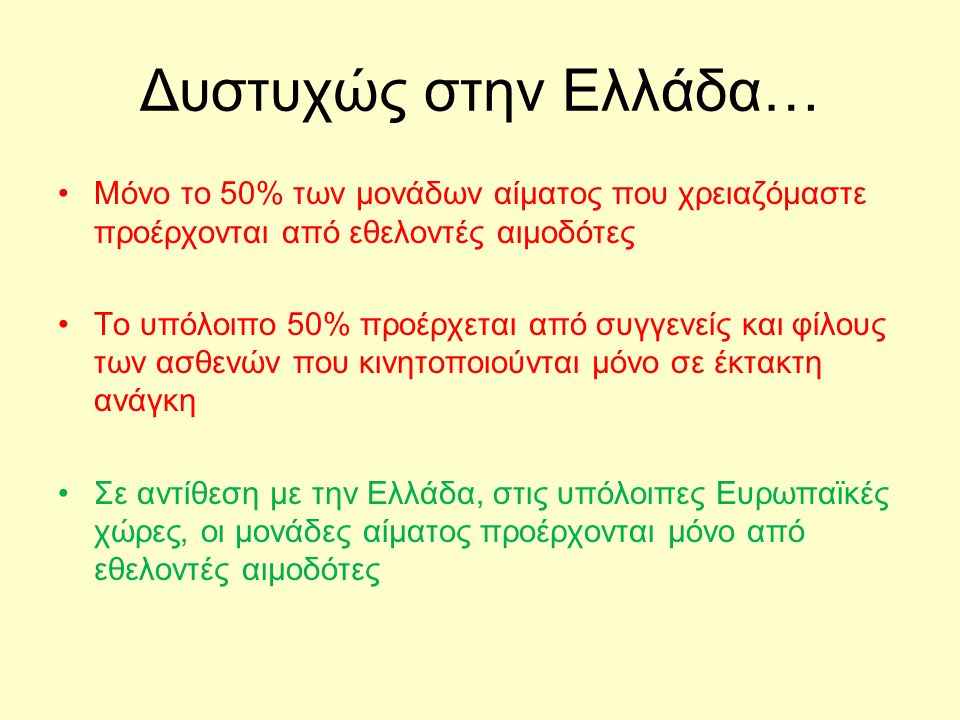 Δυστυχώς στην Ελλάδα… Μόνο το 50% των μονάδων αίματος που χρειαζόμαστε προέρχονται από εθελοντές αιμοδότες.