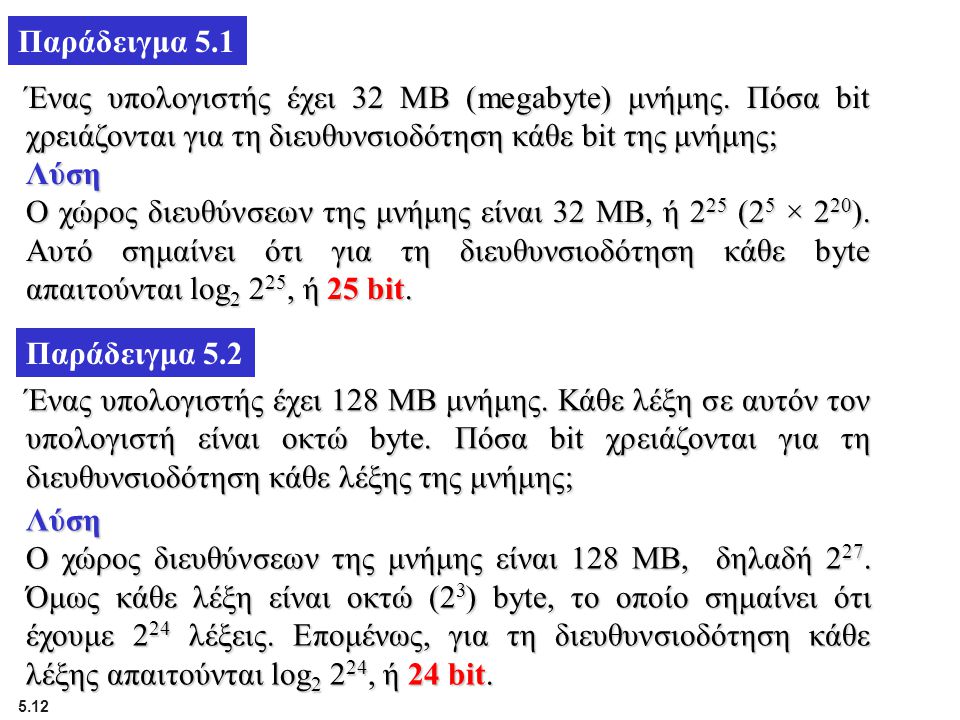Παράδειγμα 5.1 Ένας υπολογιστής έχει 32 MB (megabyte) μνήμης. Πόσα bit χρειάζονται για τη διευθυνσιοδότηση κάθε bit της μνήμης;