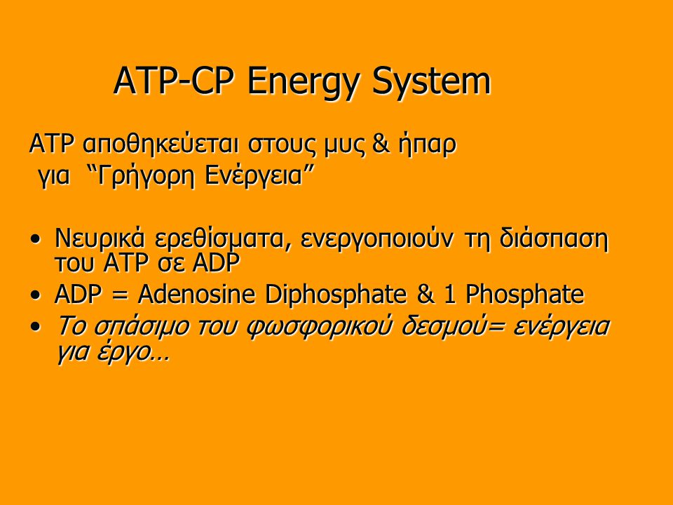 ATP-CP Energy System ATP αποθηκεύεται στους μυς & ήπαρ