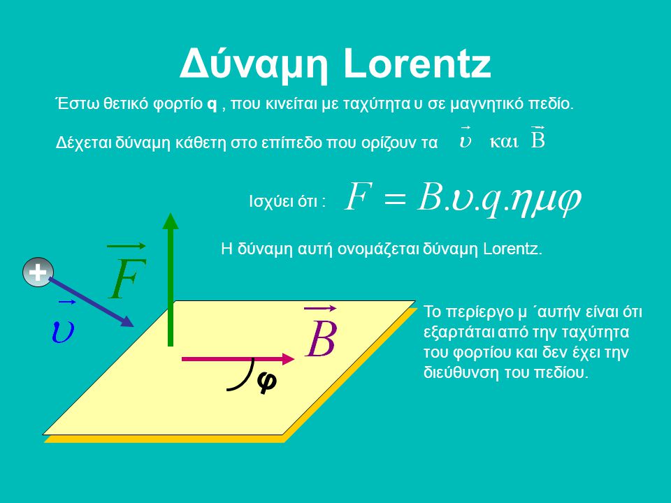 Δύναμη Lorentz Έστω θετικό φορτίο q , που κινείται με ταχύτητα υ σε μαγνητικό πεδίο. Δέχεται δύναμη κάθετη στο επίπεδο που ορίζουν τα.