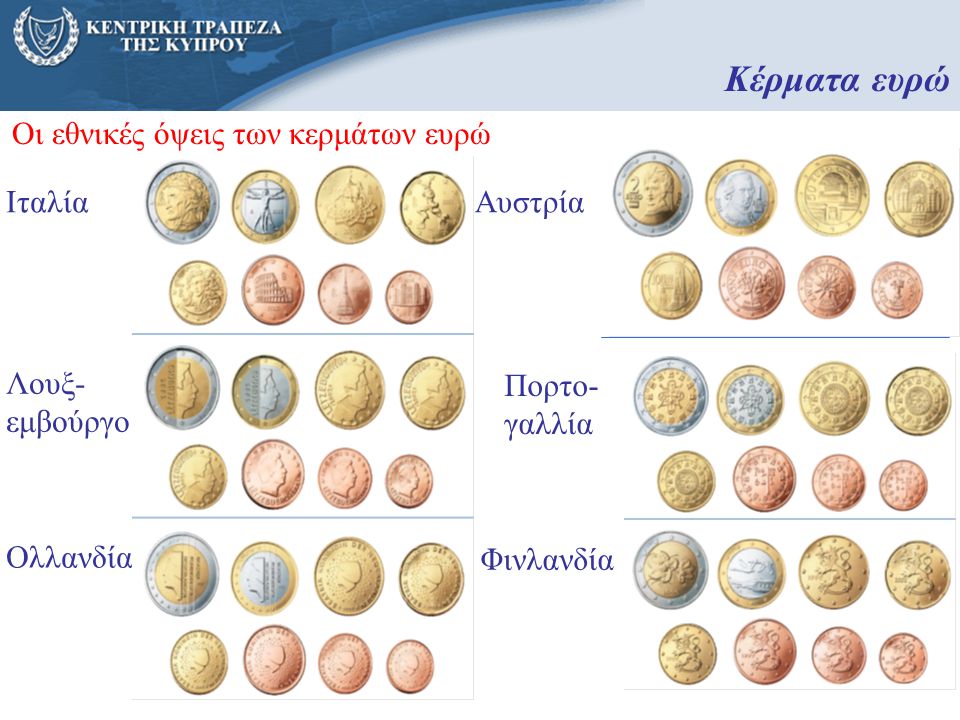 Κέρματα ευρώ Οι εθνικές όψεις των κερμάτων ευρώ Ιταλία Αυστρία Λουξ-