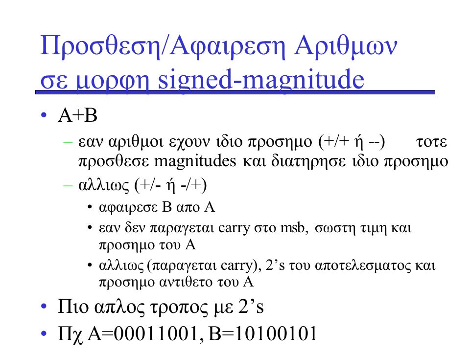 Προσθεση/Αφαιρεση Αριθμων σε μορφη signed-magnitude
