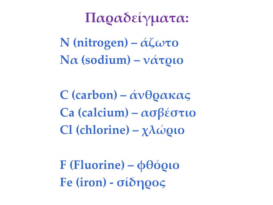 Παραδείγματα: Ν (nitrogen) – άζωτο Να (sodium) – νάτριο