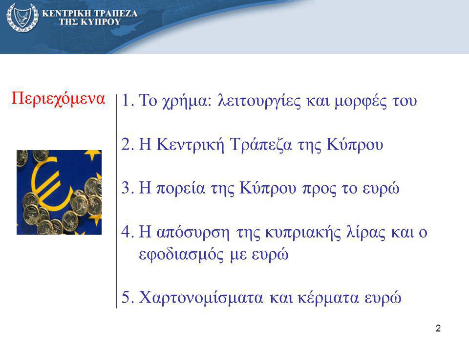Περιεχόμενα Το χρήμα: λειτουργίες και μορφές του. Η Κεντρική Τράπεζα της Κύπρου. Η πορεία της Κύπρου προς το ευρώ.