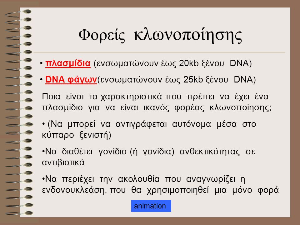 Φορείς κλωνοποίησης πλασμίδια (ενσωματώνουν έως 20kb ξένου DNA)