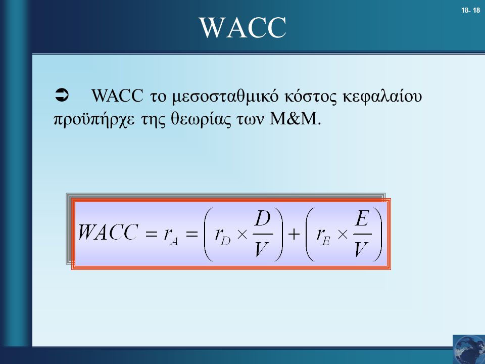 WACC WACC το μεσοσταθμικό κόστος κεφαλαίου προϋπήρχε της θεωρίας των Μ&Μ.