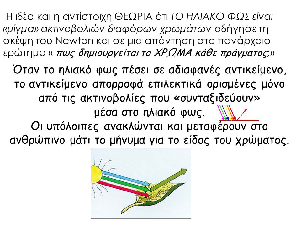 Η ιδέα και η αντίστοιχη ΘΕΩΡΙΑ ότι ΤΟ ΗΛΙΑΚΟ ΦΩΣ είναι «μίγμα» ακτινοβολιών διαφόρων χρωμάτων οδήγησε τη σκέψη του Newton και σε μια απάντηση στο πανάρχαιο ερώτημα « πως δημιουργείται το ΧΡΩΜΑ κάθε πράγματος;»
