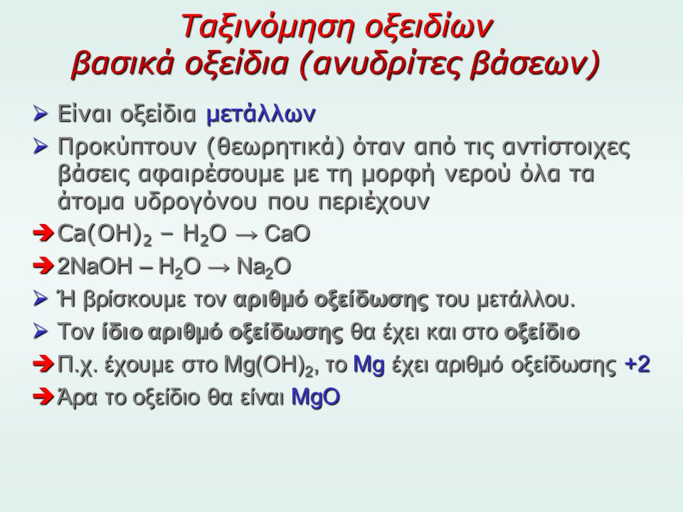 Ταξινόμηση οξειδίων βασικά οξείδια (ανυδρίτες βάσεων)