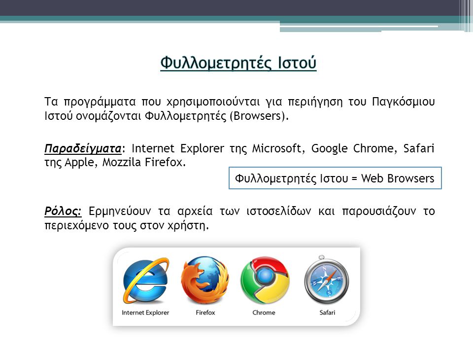 Τα προγράμματα που χρησιμοποιούνται για περιήγηση του Παγκόσμιου Ιστού ονομάζονται Φυλλομετρητές (Browsers).