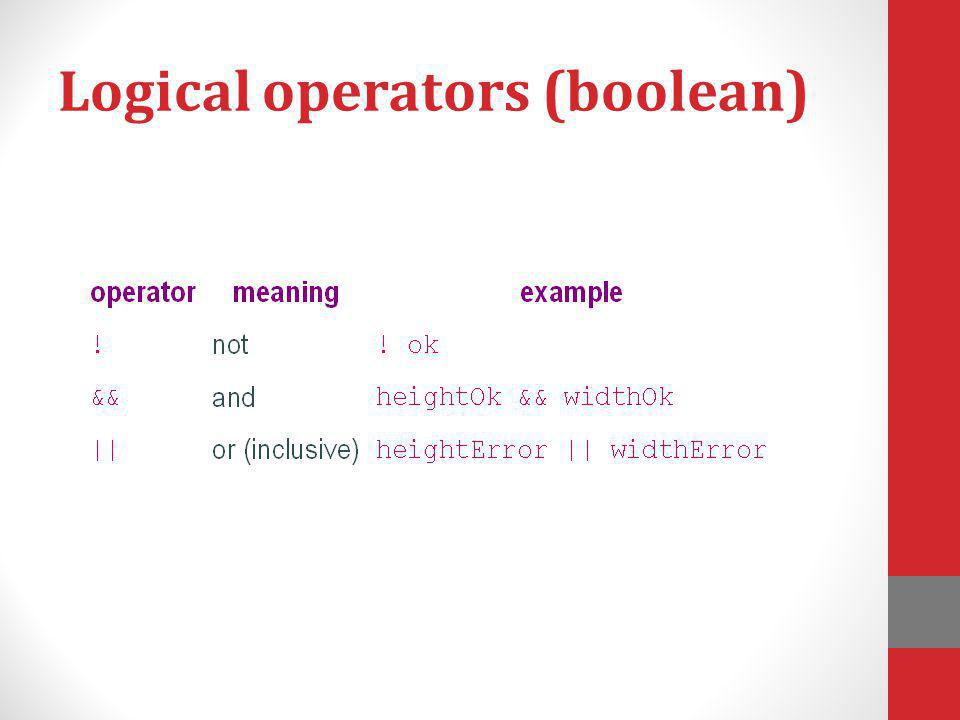 Logical operators (boolean)