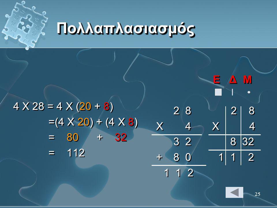 Πολλαπλασιασμός Ε Δ Μ 4 Χ 28 = 4 Χ (20 + 8)
