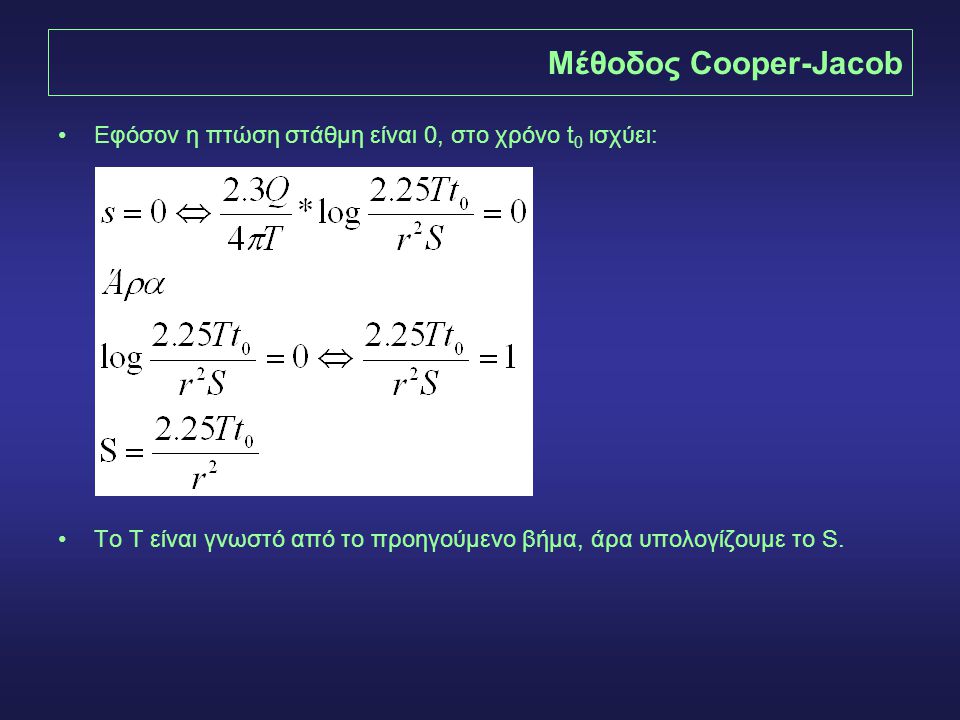 Μέθοδος Cooper-Jacob Εφόσον η πτώση στάθμη είναι 0, στο χρόνο t0 ισχύει: To T είναι γνωστό από το προηγούμενο βήμα, άρα υπολογίζουμε το S.