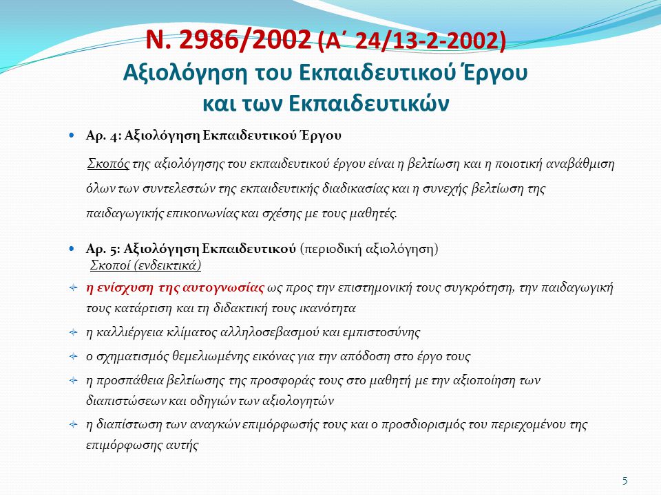 Ν. 2986/2002 (Α΄ 24/ ) Αξιολόγηση του Εκπαιδευτικού Έργου και των Εκπαιδευτικών
