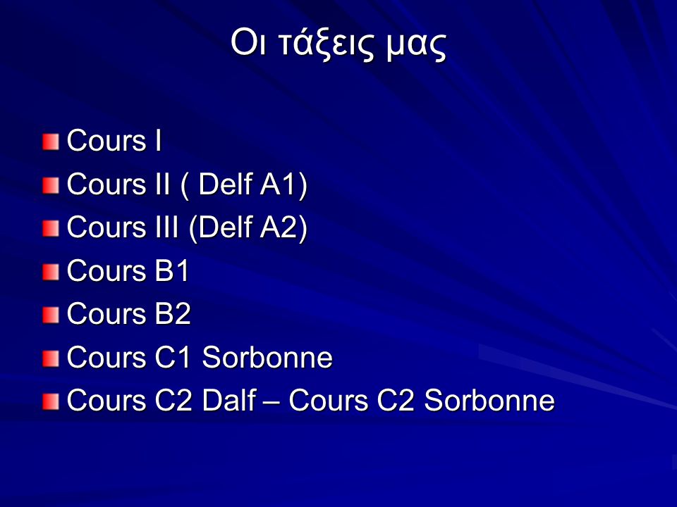 Οι τάξεις μας Cours I Cours II ( Delf A1) Cours III (Delf A2) Cours B1