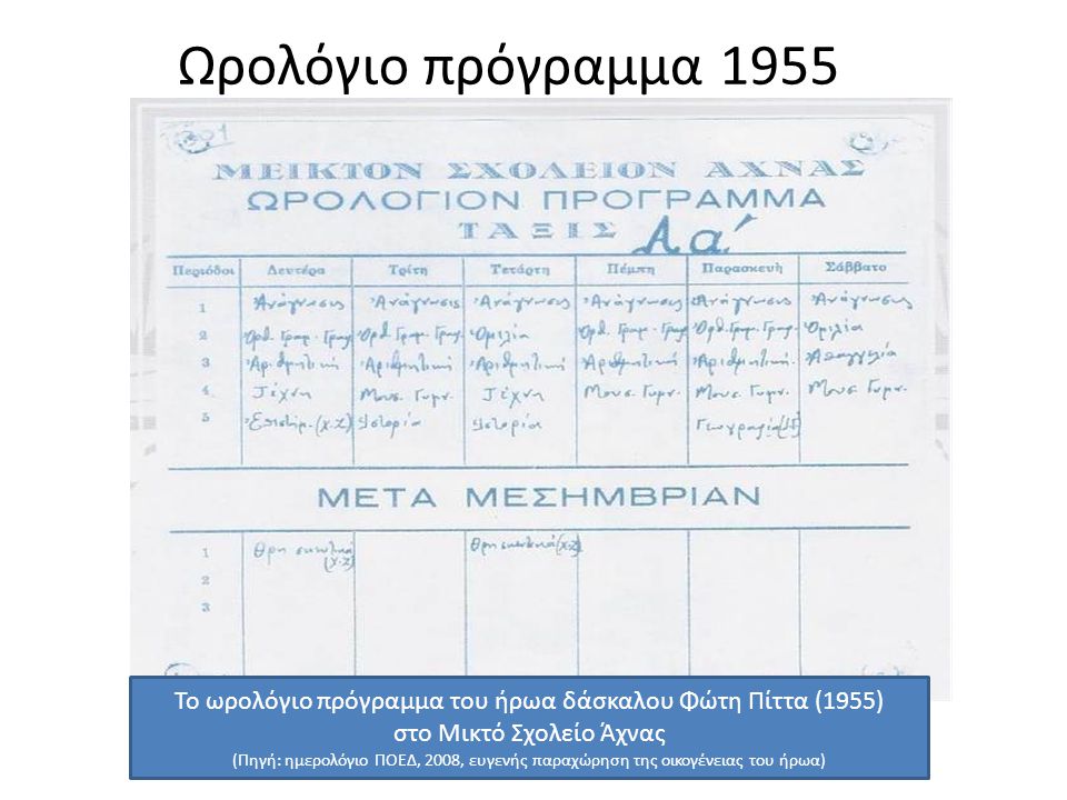 Ωρολόγιο πρόγραμμα 1955 Το ωρολόγιο πρόγραμμα του ήρωα δάσκαλου Φώτη Πίττα (1955) στο Μικτό Σχολείο Άχνας.