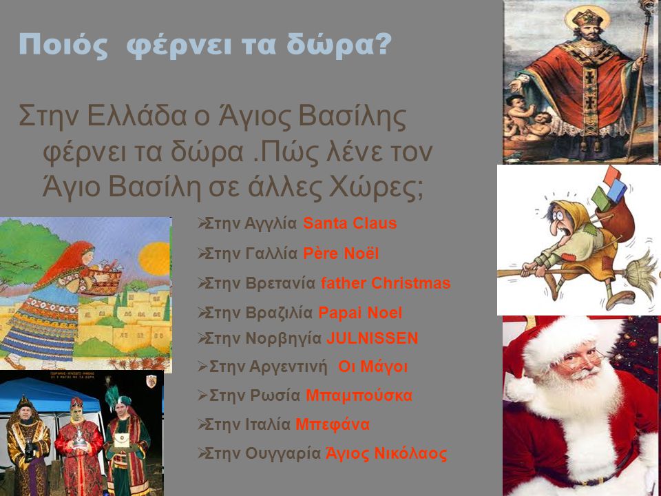 Ποιός φέρνει τα δώρα Στην Ελλάδα ο Άγιος Βασίλης φέρνει τα δώρα .Πώς λένε τον Άγιο Βασίλη σε άλλες Χώρες;
