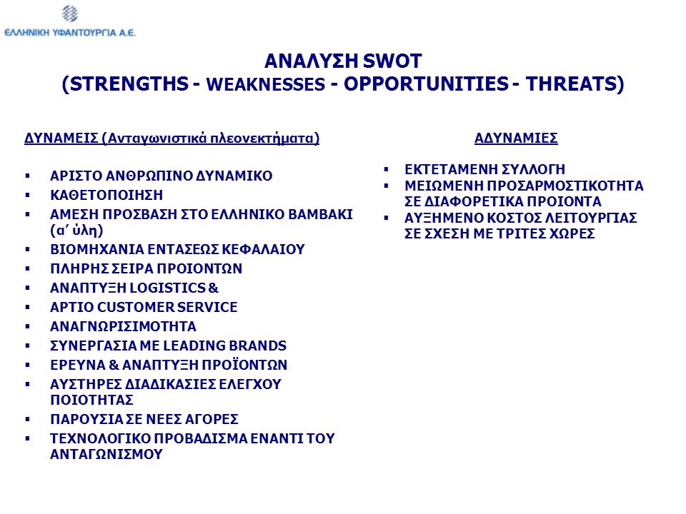 ΑΝΑΛΥΣΗ SWOT (STRENGTHS - WEAKNESSES - OPPORTUNITIES - THREATS)