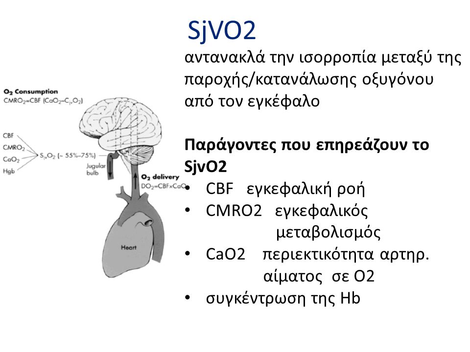 SjVO2 αντανακλά την ισορροπία μεταξύ της παροχής/κατανάλωσης οξυγόνου από τον εγκέφαλο. Παράγοντες που επηρεάζουν το SjvO2.