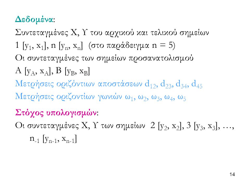 Δεδομένα: Συντεταγμένες Χ, Υ του αρχικού και τελικού σημείων. 1 [y1, x1], n [yn, xn] (στο παράδειγμα n = 5)