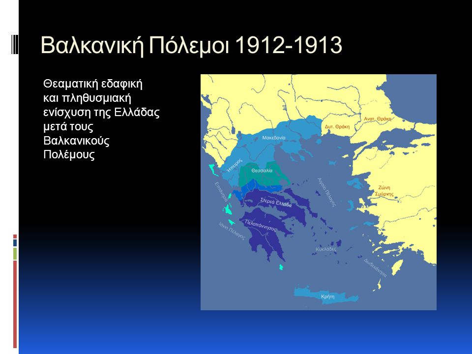 Βαλκανική Πόλεμοι Θεαματική εδαφική και πληθυσμιακή ενίσχυση της Ελλάδας μετά τους Βαλκανικούς Πολέμους.