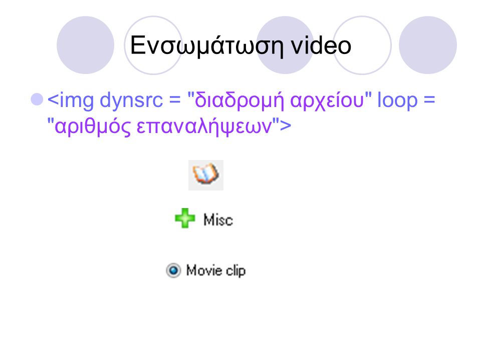 Ενσωμάτωση video <img dynsrc = διαδρομή αρχείου loop = αριθμός επαναλήψεων >