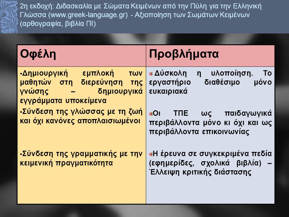 2η εκδοχή: Διδασκαλία με Σώματα Κειμένων από την Πύλη για την Ελληνική Γλώσσα (  - Αξιοποίηση των Σωμάτων Κειμένων (αρθογραφία, βιβλία ΠΙ)