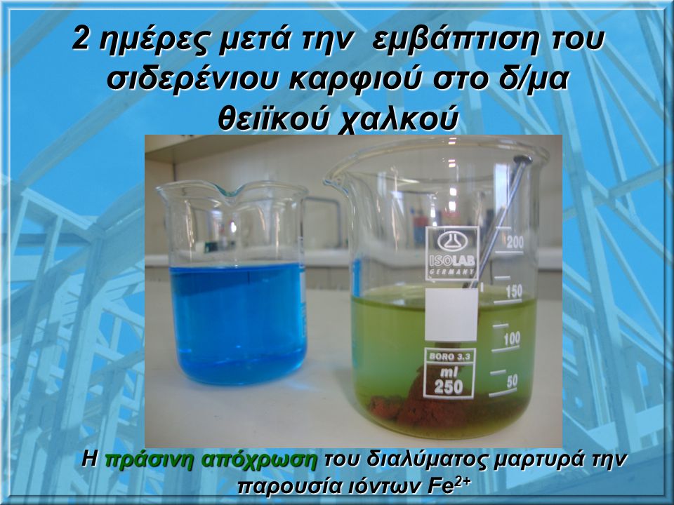 Η πράσινη απόχρωση του διαλύματος μαρτυρά την παρουσία ιόντων Fe2+