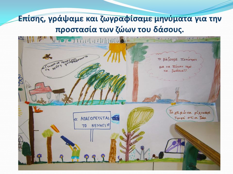 Επίσης, γράψαμε και ζωγραφίσαμε μηνύματα για την προστασία των ζώων του δάσους.