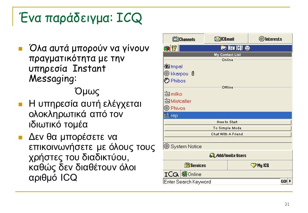 Ένα παράδειγμα: ICQ Όλα αυτά μπορούν να γίνουν πραγματικότητα με την υπηρεσία Instant Messaging: Όμως.