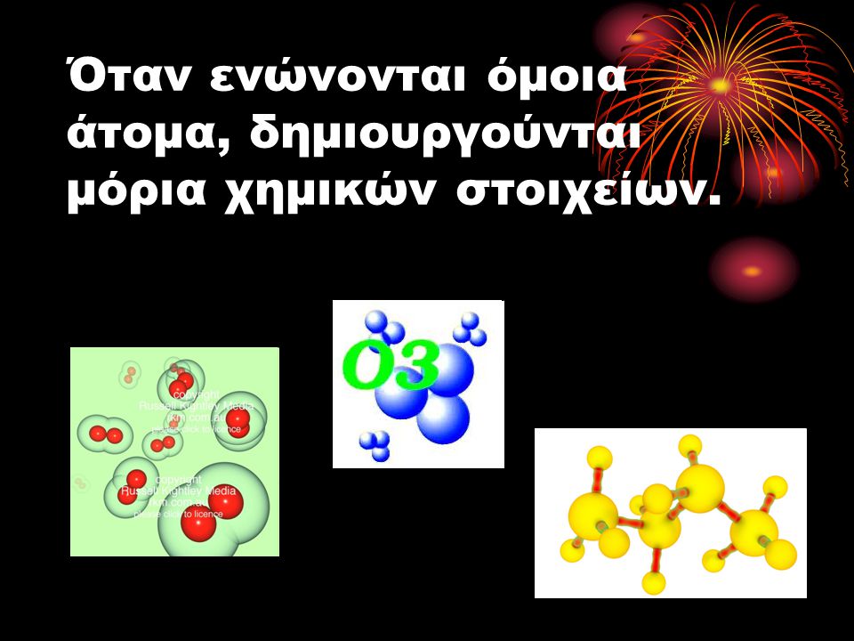 Όταν ενώνονται όμοια άτομα, δημιουργούνται μόρια χημικών στοιχείων.