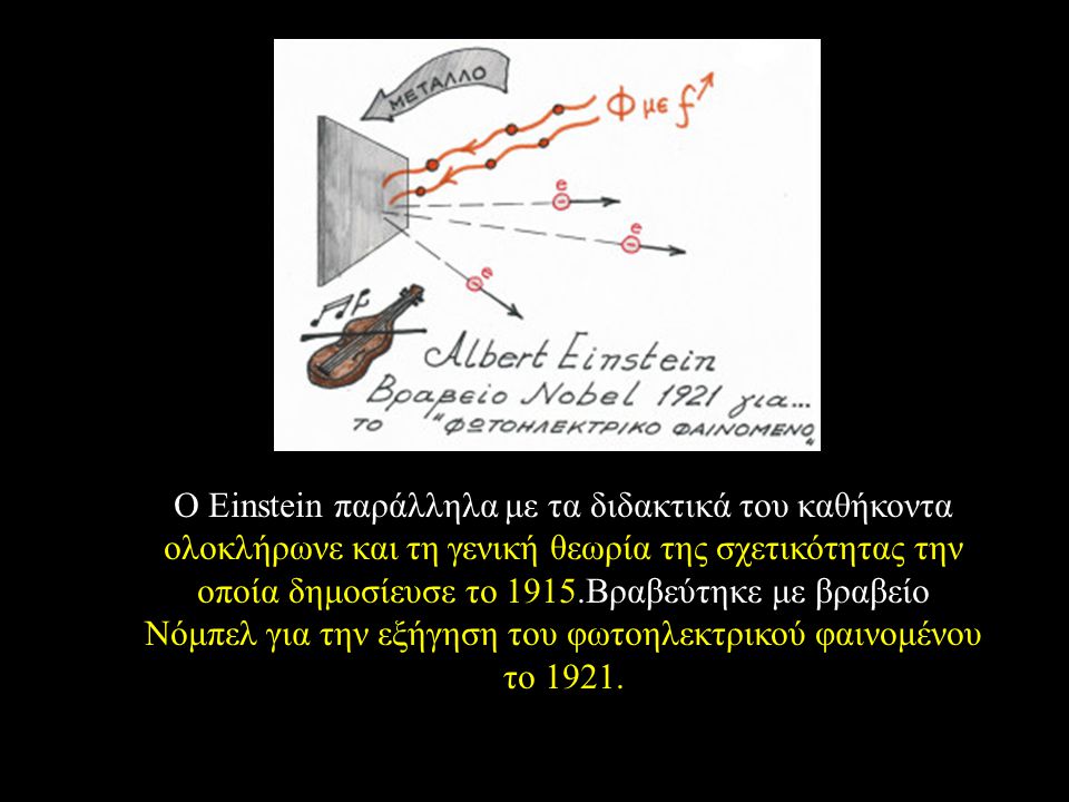 Ο Einstein παράλληλα με τα διδακτικά του καθήκοντα ολοκλήρωνε και τη γενική θεωρία της σχετικότητας την οποία δημοσίευσε το 1915.Βραβεύτηκε με βραβείο Νόμπελ για την εξήγηση του φωτοηλεκτρικού φαινομένου το 1921.