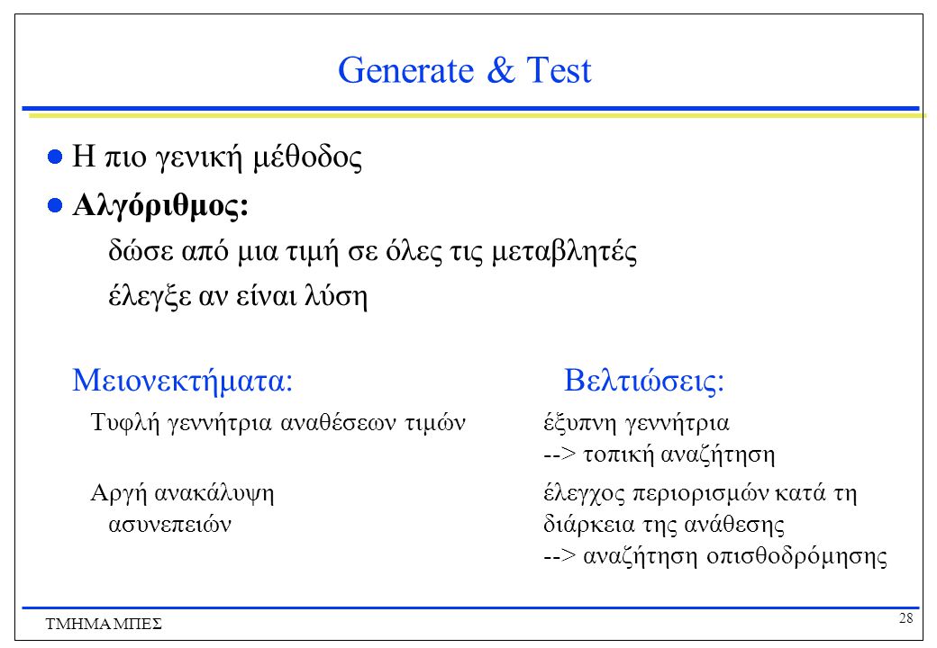Generate & Test Η πιο γενική μέθοδος Αλγόριθμος: