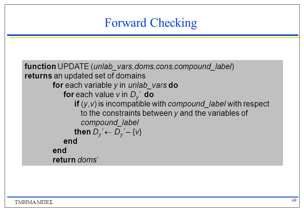 Forward Checking function UPDATE (unlab_vars,doms,cons,compound_label)
