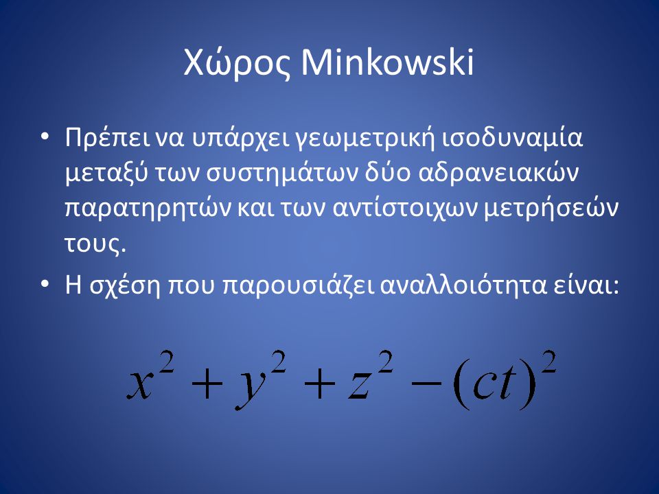 Χώρος Minkowski Πρέπει να υπάρχει γεωμετρική ισοδυναμία μεταξύ των συστημάτων δύο αδρανειακών παρατηρητών και των αντίστοιχων μετρήσεών τους.