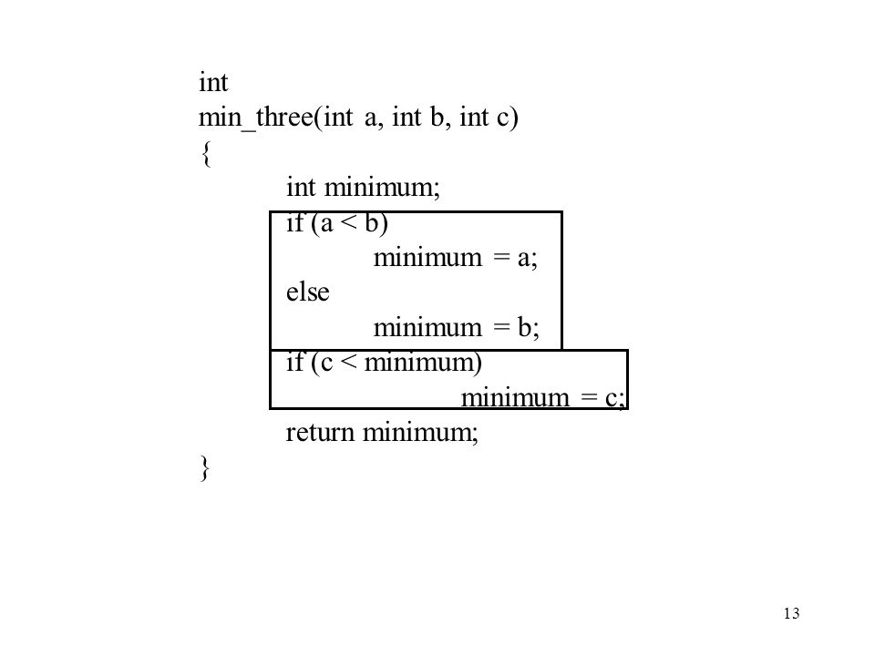 int min_three(int a, int b, int c) { int minimum; if (a < b) minimum = a; else. minimum = b; if (c < minimum)