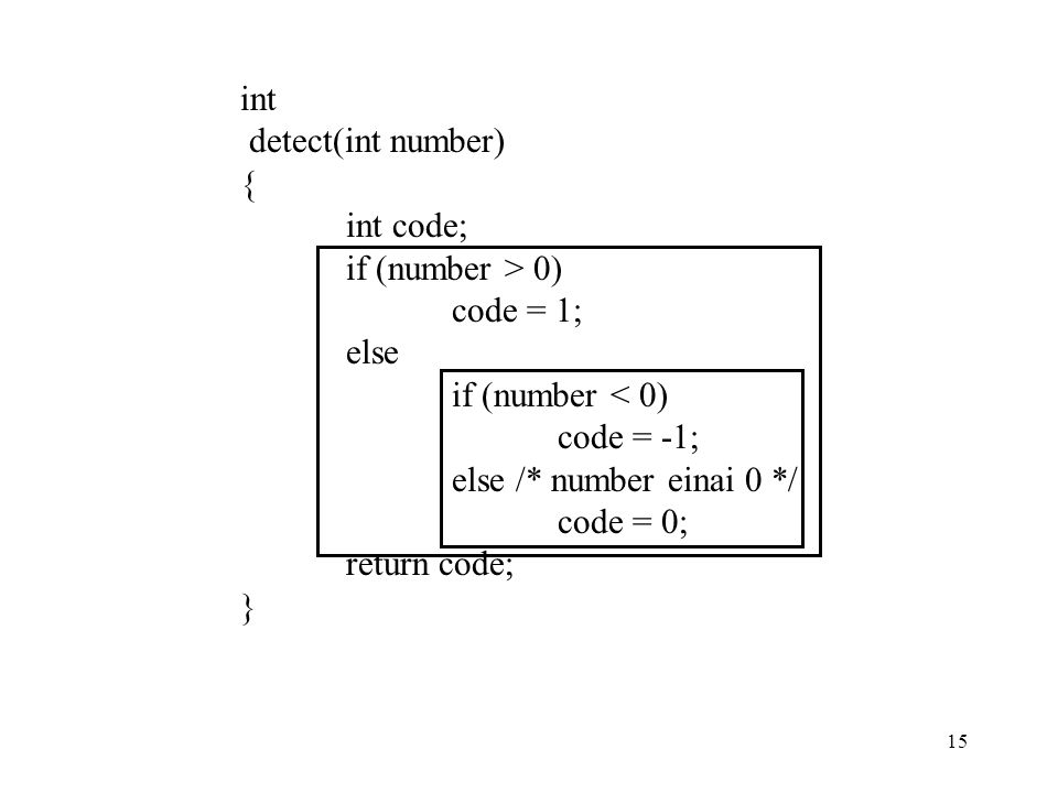 int detect(int number) { int code; if (number > 0) code = 1; else. if (number < 0) code = -1;