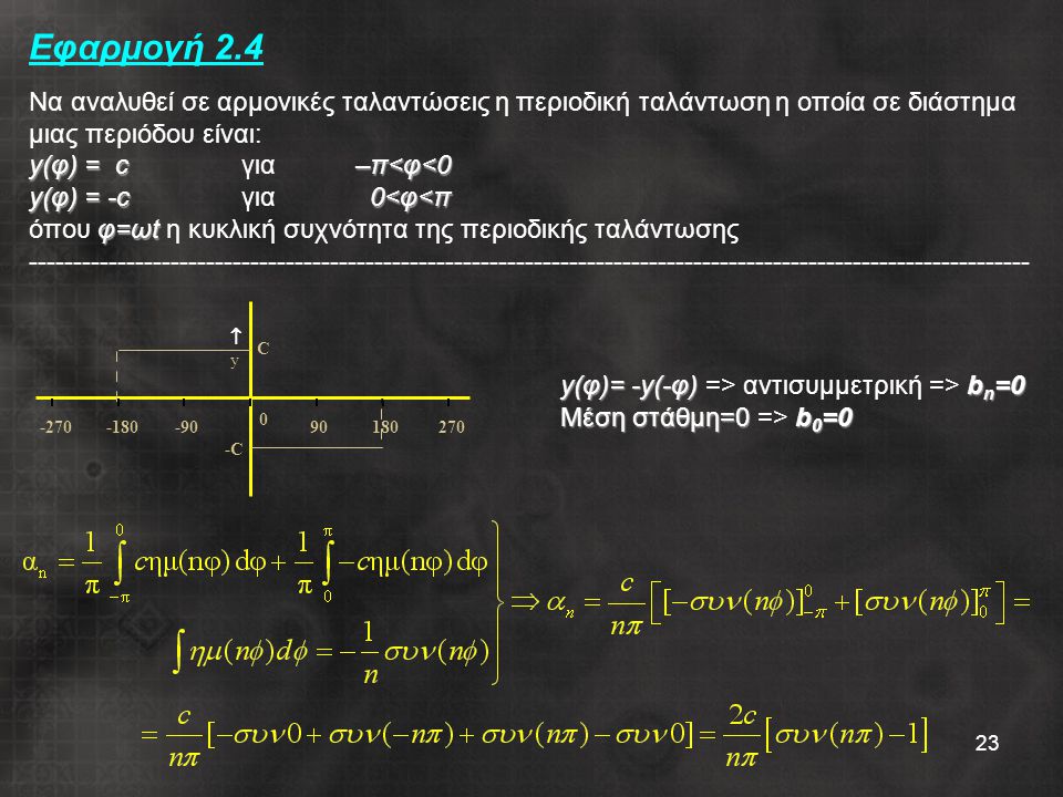 Εφαρμογή 2.4 Να αναλυθεί σε αρμονικές ταλαντώσεις η περιοδική ταλάντωση η οποία σε διάστημα μιας περιόδου είναι: y(φ) = c για –π<φ<0 y(φ) = -c για 0<φ<π όπου φ=ωt η κυκλική συχνότητα της περιοδικής ταλάντωσης